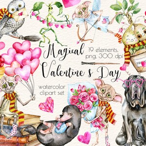 Clipart aquarelle de la Saint-Valentin,Clipart d’amour,Créatures magiques,Manche à balai,Clipart baguette magique,Clipart de l’école de magie,Animaux amoureux