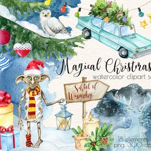 Peut inclure: Ensemble de clipart aquarelle sur le thème magique de Noël. L'ensemble comprend un lutin de maison portant un chapeau de Père Noël, une voiture avec un sapin de Noël sur le toit, une chouette des neiges, une pancarte indiquant "École de sorcellerie", un renne et diverses décorations de Noël.