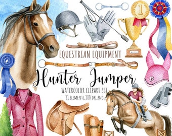 Aquarel paarden clipart, Hunter jumper clipart, dieren illustratie, sport clipart, hippische uitrusting clipart, paardrijden