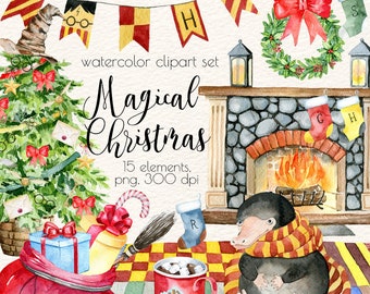 Watercolor Christmas Clipart,Magical Christmas Clipart,School of Wizardry Christmas,Magic School Christmas Clipart,Magical Creatures Clipart