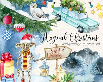 Watercolor Christmas Clipart,Magical Christmas Clipart,School of Wizardry Christmas,Christmas Elf,Christmas Dwarf,Magical Creatures Clipart