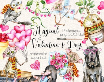 Valentine's Day Watercolor Clipart,Love clipart,Magical Creatures,Broomstick,Magic Wand Clipart,School of Wizardry Clipart,Animals in Love