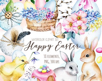 Easter Watercolor Bunny Clipart, Spring Easter Clipart, Easter Eggs clipart, Bunny Clipart, Cute Little Animals, Easter Rabbit, Easter Cards