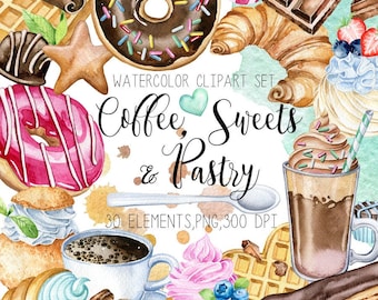 Watercolor Coffee clipart,Watercolor Pastry Clipart,Watercolor Cupcake,Desserts Clipart,Cafe Menu Clipart,Watercolor Sweets,Watercolor Donut