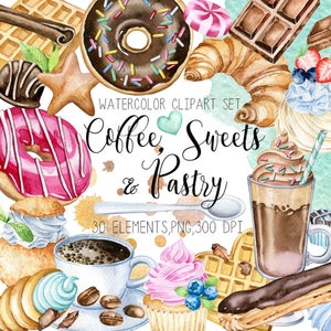 Clipart de café de acuarela, clip de pastelería de acuarela, cupcake de acuarela, clipart de postres, clipart de menú de café, dulces de acuarela, donut de acuarela