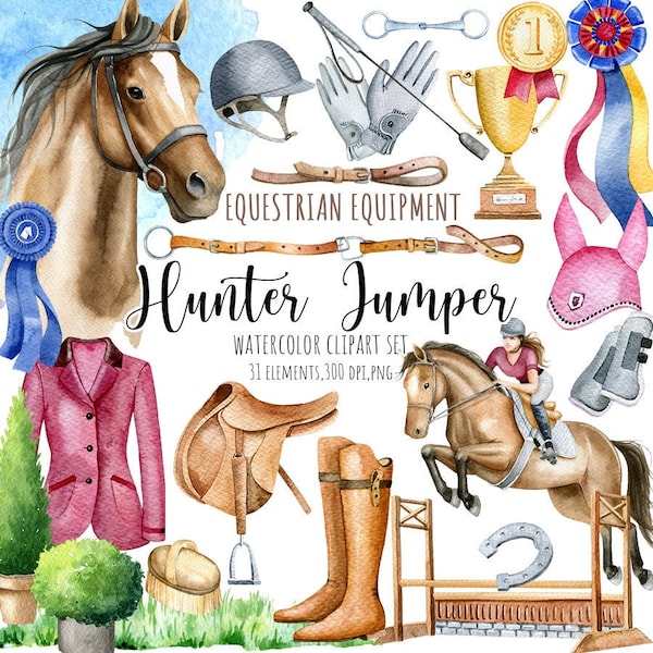 Watercolor Horses clipart, Hunter jumper clipart, Animals illustration, Sports clipart, Equestrian equipment clipart , Horseback Riding