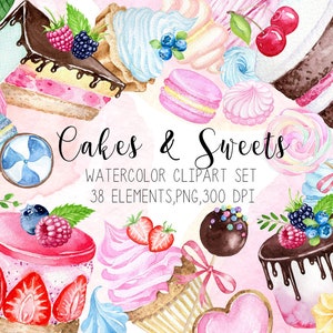 Watercolor desserts clipart, Watercolor cakes clipart, Watercolor cupcakes, Candy clipart, Watercolor candy, Watercolor sweets,Cakes Clipart