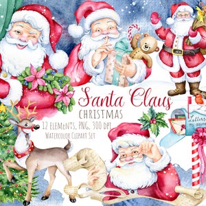 Santa Claus Kerst clipart set, Santa Claus mail, Rudolf het rendier, Aquarel Kerst clipart, Feestelijke clipart, Santa Claus Lijst