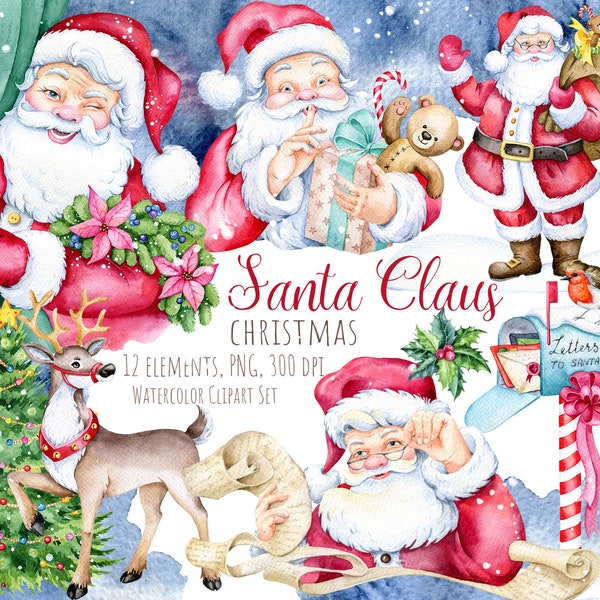 Santa Claus Christmas clipart set, Santa Claus mail, Rudolf the reindeer, Watercolor Christmas clipart, Festive clipart, Santa Claus List