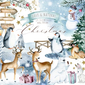 May include: Watercolor illustration of a winter wonderland scene with penguins, reindeer, a polar bear, a snowman, a Christmas tree, and a gift box. The illustration is in a soft, natural style and includes gold glitter accents.