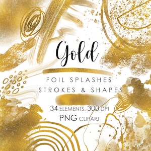 Gold Foil Splashes and Strokes, Gold Foil Splatter Clipart, Gold Shapes and backgrounds, Foil Brush strokes, Foil abstract Design Elements