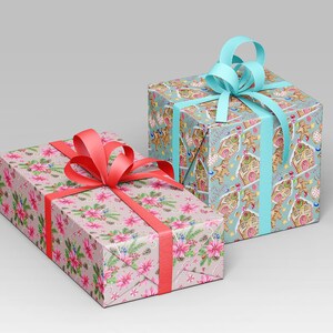 May include: Two wrapped Christmas gifts, one with a blue ribbon and a gingerbread house pattern, and the other with a red ribbon and a floral pattern.