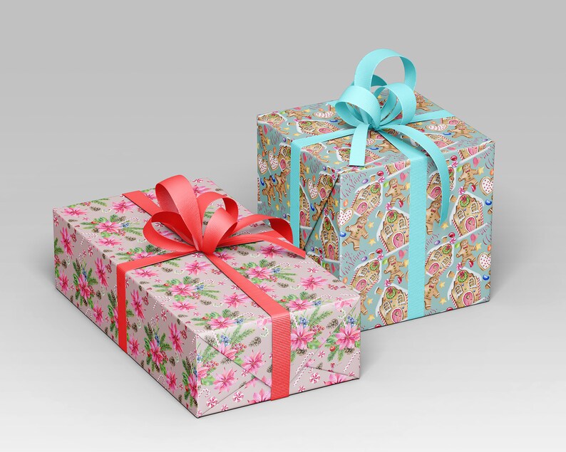 May include: Two wrapped Christmas gifts, one with a blue ribbon and a gingerbread house pattern, and the other with a red ribbon and a floral pattern.