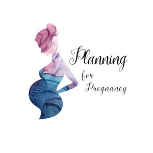 Puede incluir: Silueta de una persona embarazada con efecto acuarela en tonos azules y morados. El texto "Planning for Pregnancy" est&aacute; escrito en una elegante escritura en el lado derecho de la imagen, sobre un fondo blanco.