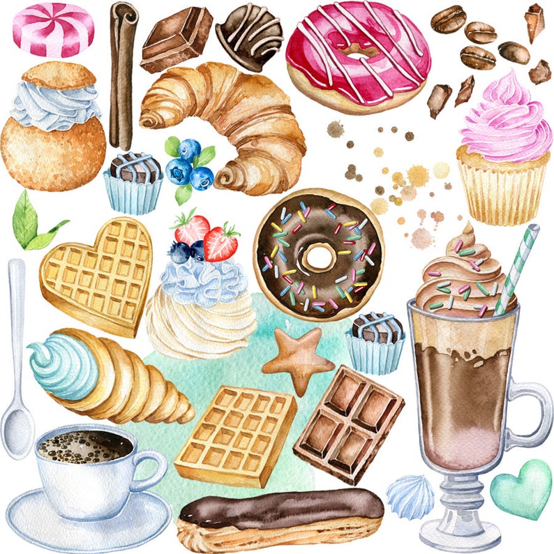 May include: A watercolor illustration of various sweet treats, including donuts, croissants, cupcakes, waffles, and chocolate. The illustration is set against a white background with scattered brown and white dots.