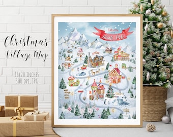 Christmas Village Map, North Pole map, Christmas Wall art, Personalized Christmas Village, North Pole Poster, Holiday Home Decor Printable
