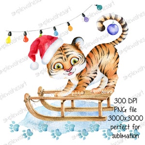 Tigre de Natal fofo PNG,Desenhos de sublimação de Natal,Design de camiseta de Natal,PNG de Natal 300 DPI,Sublimação de Ano Novo,Símbolo de Ano Novo