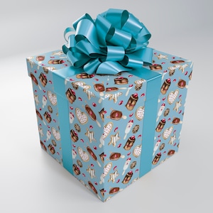 May include: A square gift box wrapped in light blue paper with a pattern of various desserts. The box is adorned with a matching light blue ribbon and a large bow on top. The overall theme is a celebration or special occasion.
