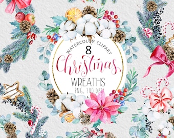 Ghirlande di Natale Clipart, Merry Christmas Clipart, Winter Greenery, Winter Wreath, Watercolor Wreath, Botanical Xmas clipart, Pino, Cotone