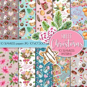 May include: Ten digital paper designs featuring watercolor illustrations of Christmas-themed elements, including gingerbread houses, candy canes, cupcakes, and mugs of hot chocolate. The papers are seamless and perfect for crafting and scrapbooking.
