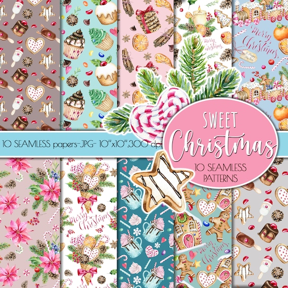 Sweet Christmas Seamless Patterns, Christmas sweets seamless papers, Gingerbreds Seamless patterns, Happy Holidays seamless patterns