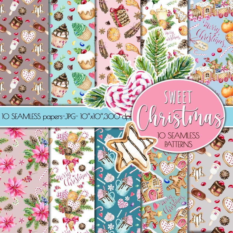May include: Ten digital paper designs featuring watercolor illustrations of Christmas-themed elements, including gingerbread houses, candy canes, cupcakes, and mugs of hot chocolate. The papers are seamless and perfect for crafting and scrapbooking.
