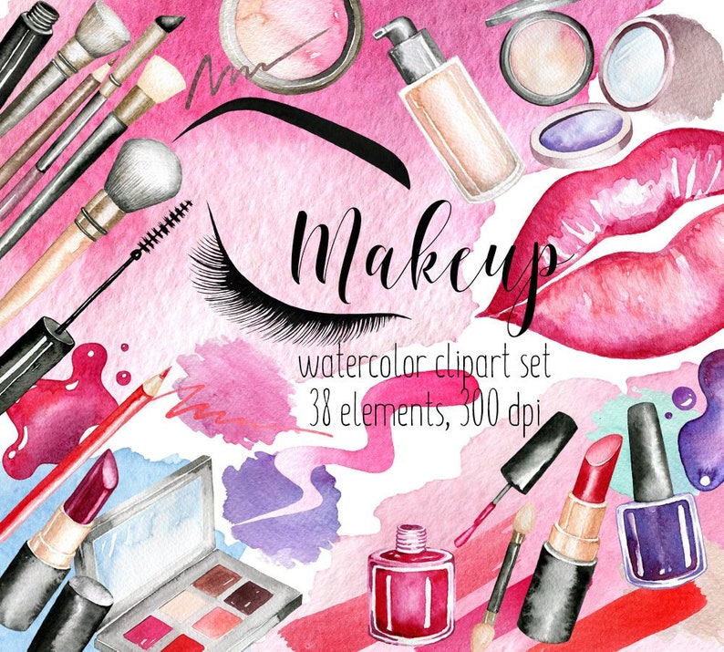 May include: Watercolour clipart set of makeup items, including brushes, lipstick, eyeshadow, nail polish, and eyeliner. The set includes 38 elements and is 300 dpi.