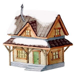May include: A watercolour illustration of a small, two-storey house with a brown roof covered in snow. The house has a porch with wooden beams and a green door. There are windows on each floor.