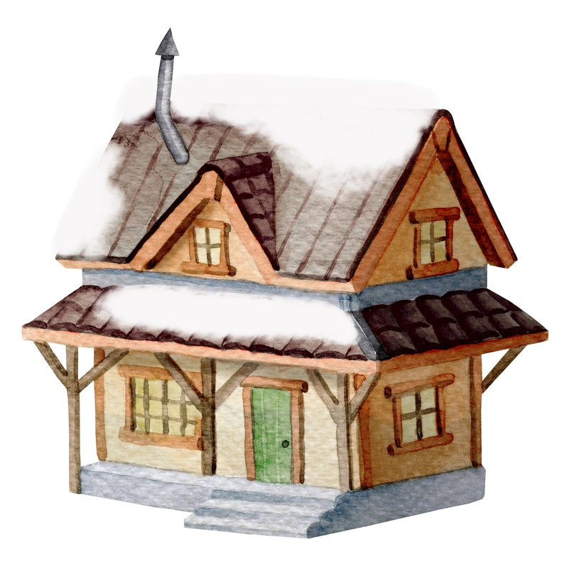 May include: A watercolour illustration of a small, two-storey house with a brown roof covered in snow. The house has a porch with wooden beams and a green door. There are windows on each floor.