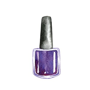 May include: A bottle of purple nail polish with a black cap.