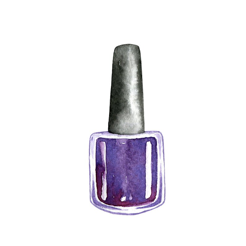 May include: A bottle of purple nail polish with a black cap.