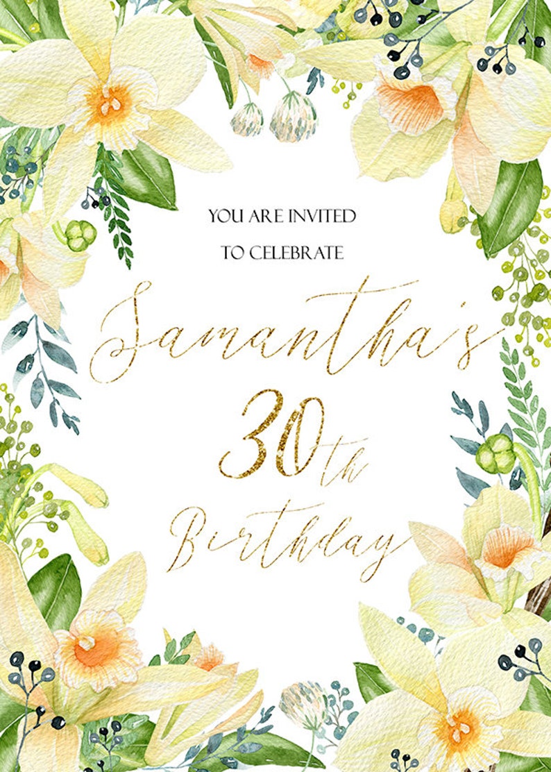 White Flowers Birthday Invitationyellow Flowers Birthday Etsy