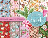Sweet Christmas Seamless Patterns, Christmas sweets digital papers, Merry Christmas Seamless patterns, Happy Holidays seamless patterns