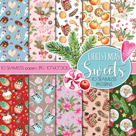 Sweet Christmas Seamless Patterns, Christmas sweets digital papers, Merry Christmas Seamless patterns, Happy Holidays seamless patterns