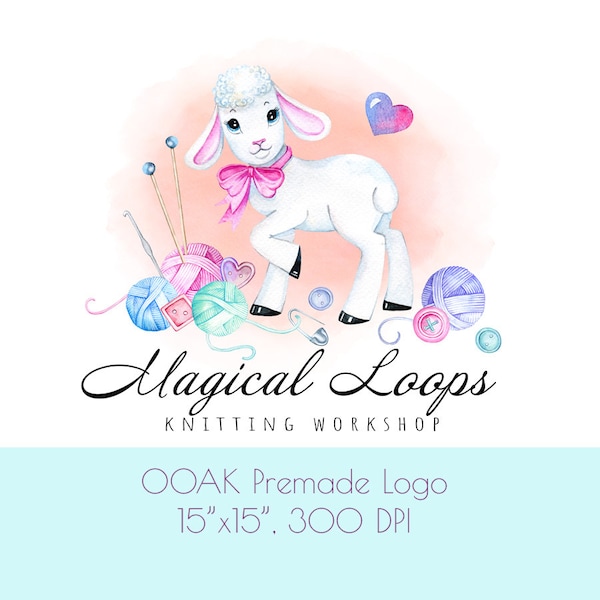 OOAK Logo,Watercolor Crochet & Knitting Logo,Handmade Logo,Knitted Toys Logo,Crochet Logo,Sewing Logo,Watercolor Lamb Logo,Premade Logo
