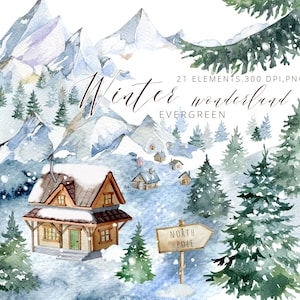May include: Watercolour illustration of a winter wonderland scene with a cosy cabin, snow-covered mountains, evergreen trees, and a sign that reads "North Pole".