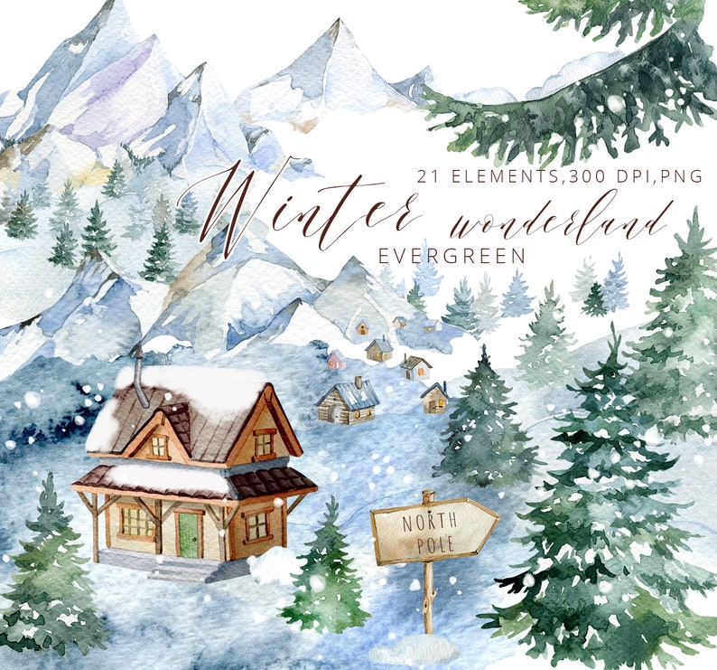 May include: Watercolour illustration of a winter wonderland scene with a cosy cabin, snow-covered mountains, evergreen trees, and a sign that reads "North Pole".