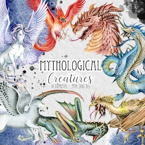 Mythological Creatures - Phoenyx, Pegasus, Dragons, Leviathan, Griffin clipart, Halloween clipart, Fantastic creatures, Monsters and beasts