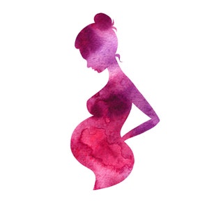 Puede incluir: Silueta de acuarela de una persona embarazada en tonos rosas y morados. La figura se representa de perfil, con un mo&ntilde;o y una mano en la parte baja de la espalda. El vientre se destaca.