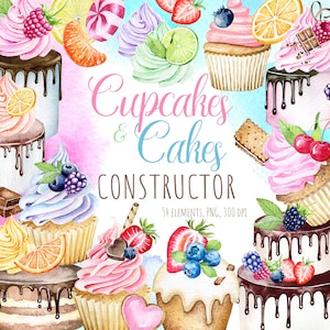 Cupcakes y pasteles de acuarela CONSTRUCTOR, Conjunto de clipartes de cupcakes de acuarela, Clipart set de panadería, Clipart de postres, Clipart de pasteles, Pastel de boda