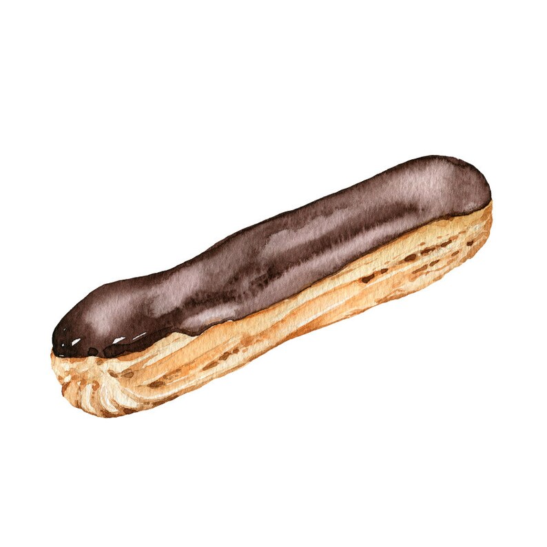 May include: A watercolor painting of a chocolate eclair. The eclair is a long, thin pastry with a light brown crust and a dark brown chocolate glaze.