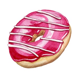 May include: A pink frosted donut with white icing drizzled on top. The donut is glazed and has a hole in the center.