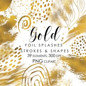 May include: Gold foil splashes, strokes, and shapes in a variety of designs.  39 elements, 300 DPI. PNG clipart.