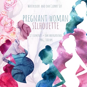 Puede incluir: Conjunto de im&aacute;genes predise&ntilde;adas de acuarela y tinta con siluetas de mujeres embarazadas. La imagen incluye fondos de acuarela y tinta con tonos rosas, azules y morados. El texto dice "PREGNANT WOMAN SILHOUETTE" y "12 ELEMENTS + INK BACKGROUND, PNG, 300 DPI."