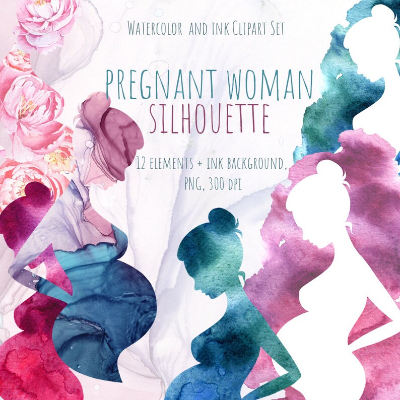 Puede incluir: Conjunto de im&aacute;genes predise&ntilde;adas de acuarela y tinta con siluetas de mujeres embarazadas. La imagen incluye fondos de acuarela y tinta con tonos rosas, azules y morados. El texto dice "PREGNANT WOMAN SILHOUETTE" y "12 ELEMENTS + INK BACKGROUND, PNG, 300 DPI."