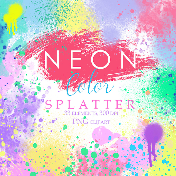 Neon Color Splatter, Paint Spray Splatter, Paint Splashes,Grafity, Paint drops, Blotches, Blobs, Neon Abstract Art, Neon  design elements