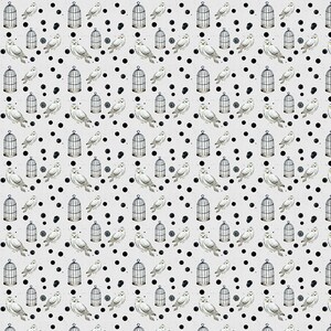 May include: A repeating pattern featuring white owls, black birdcages, and black ink splotches on a light gray background. The owls are depicted with detailed feathers and yellow eyes. The birdcages are empty and have a simple, classic design.