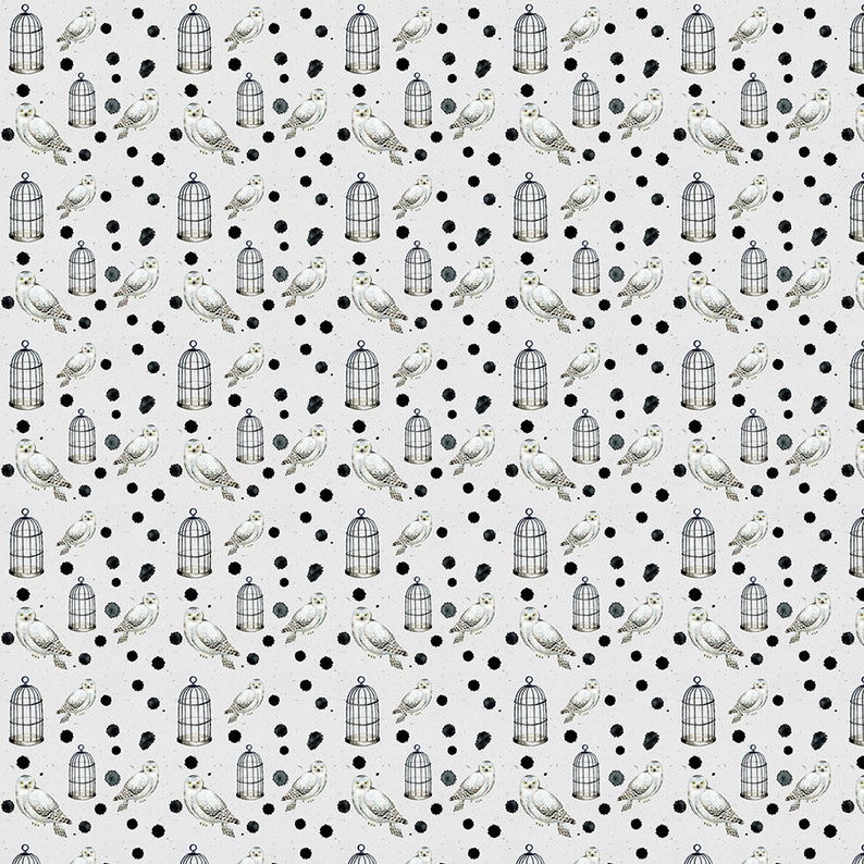May include: A repeating pattern featuring white owls, black birdcages, and black ink splotches on a light gray background. The owls are depicted with detailed feathers and yellow eyes. The birdcages are empty and have a simple, classic design.