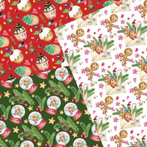 May include: A festive pattern featuring watercolor illustrations of Christmas cupcakes, gingerbread men, snow globes, and candy canes. The designs are set against red, white, and green backgrounds, creating a holiday theme.