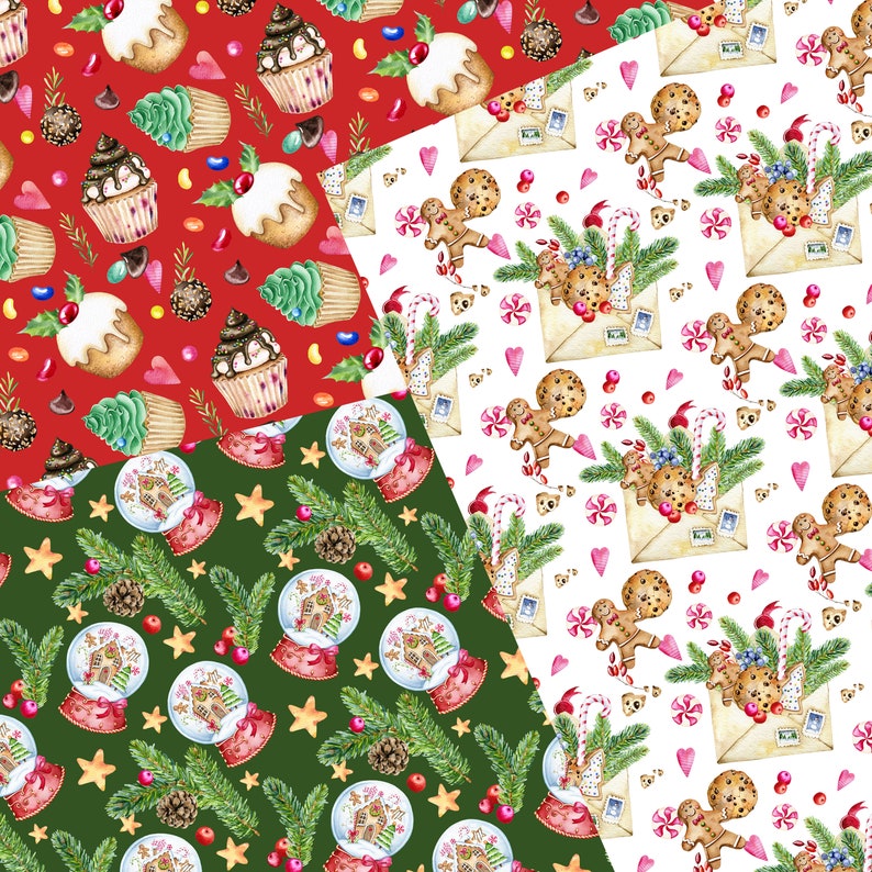 May include: A festive pattern featuring watercolor illustrations of Christmas cupcakes, gingerbread men, snow globes, and candy canes. The designs are set against red, white, and green backgrounds, creating a holiday theme.